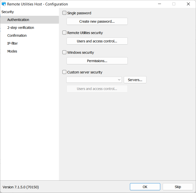 Host authentication settings