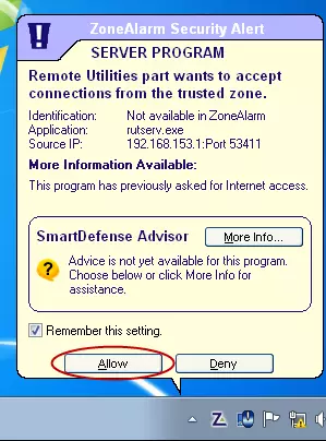 Zone Alarm Security Alert