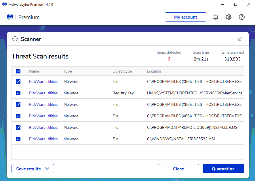 Malwarebytes is claiming rutserv.exe