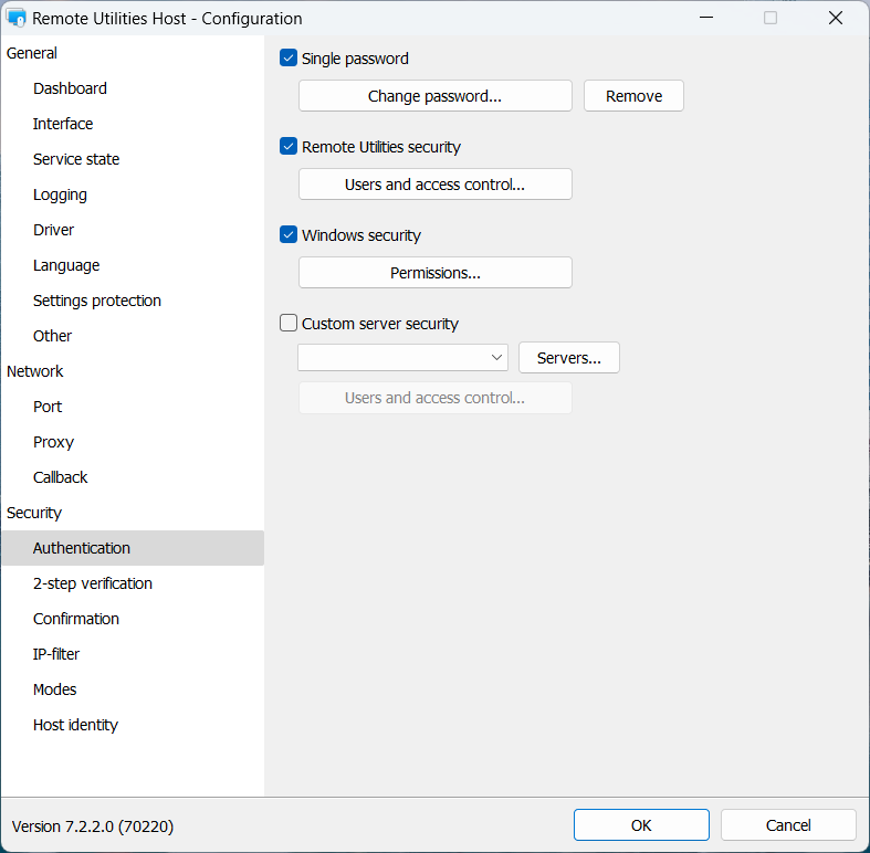 Authentication methods in Host settings