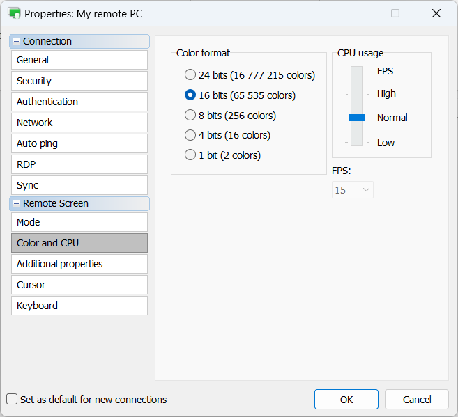 Color and CPU settings