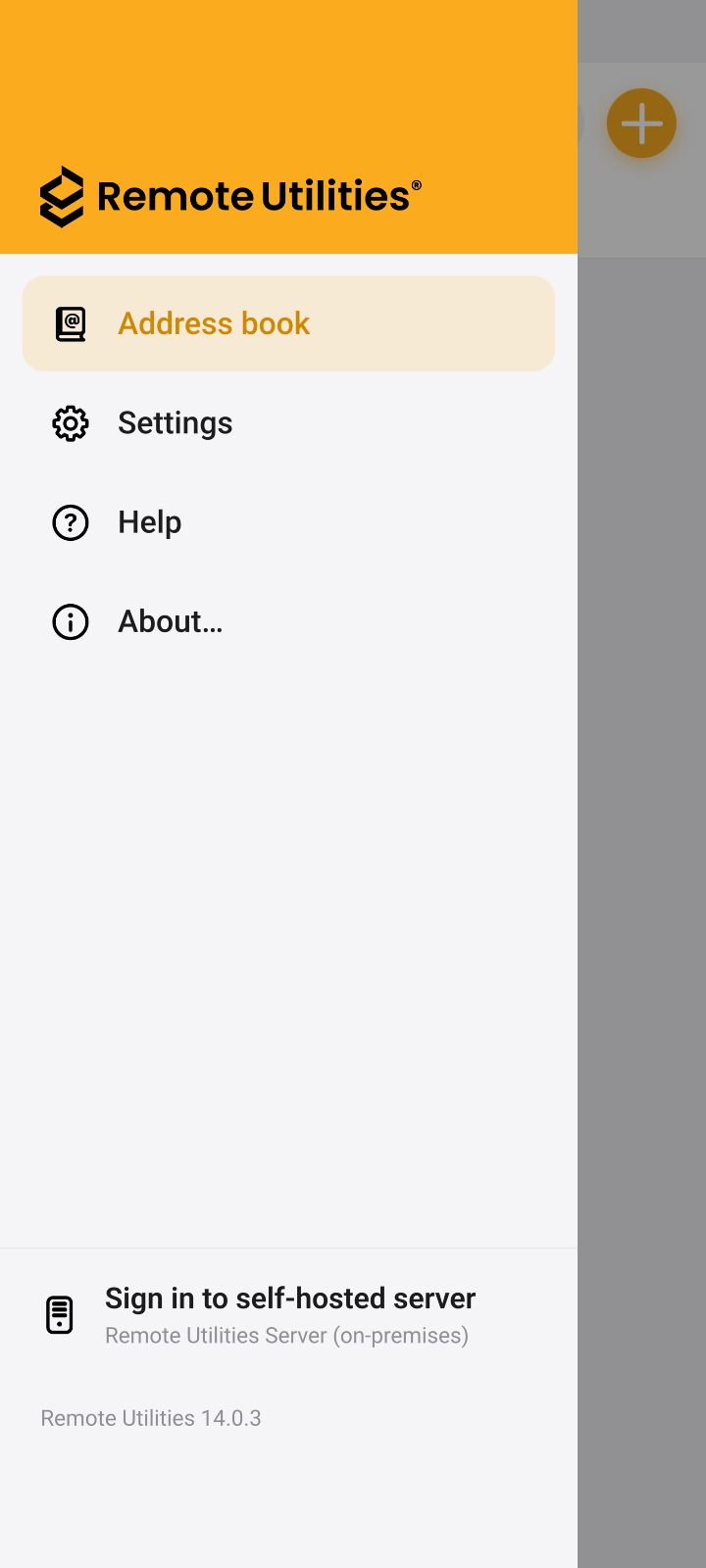 App navigation menu with the self-hosted server sign-in option