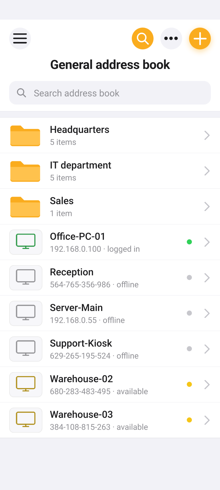 General address book with folders and connection status indicators