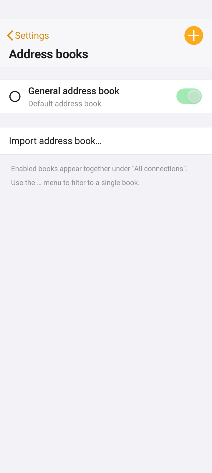 Address books screen with the Import address book option