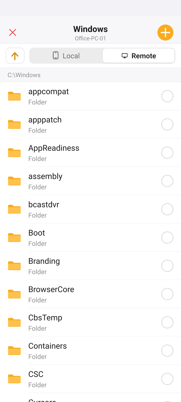 File Transfer mode browsing the remote file system with the Local/Remote switcher