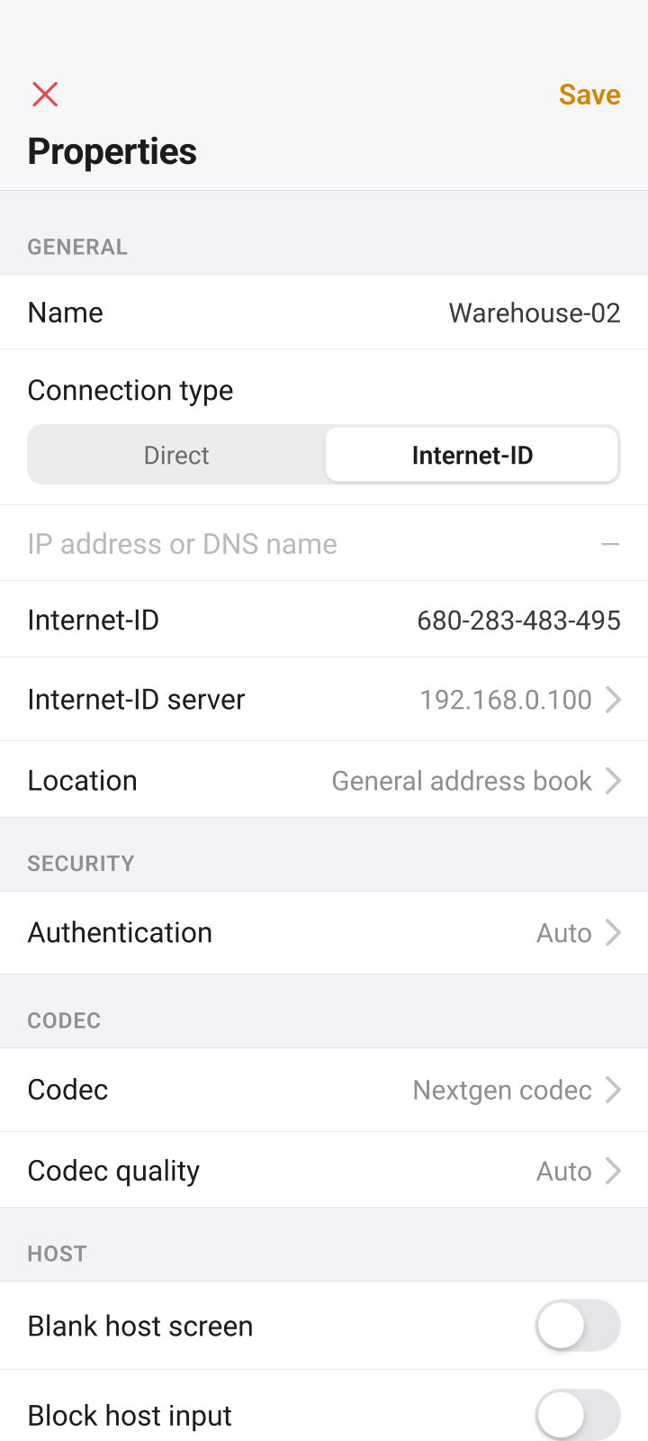 Full connection properties screen opened from the address book