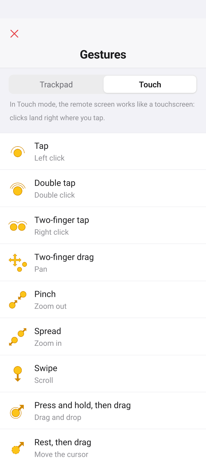 Gestures reference for Touch mode: tap, pan, pinch, swipe and drag