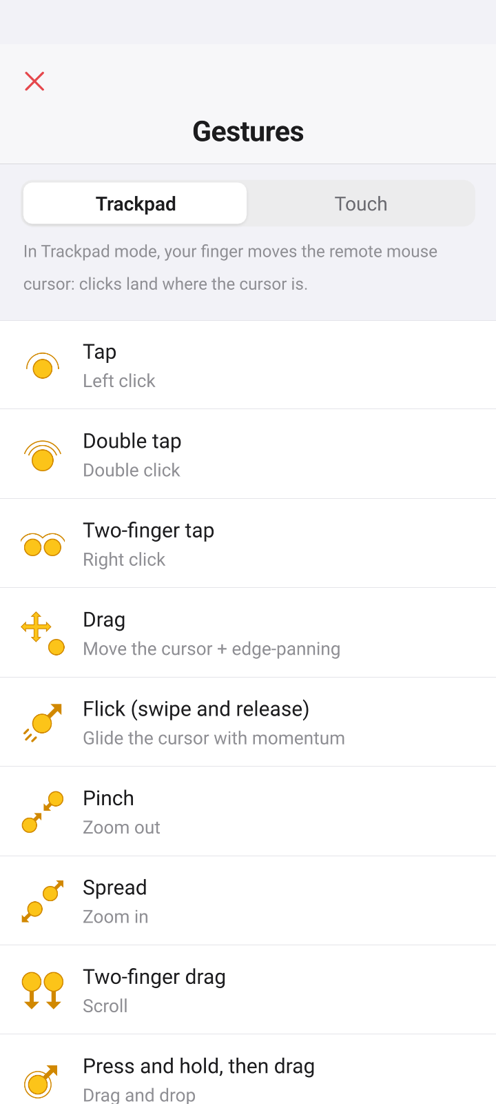 Gestures reference for Trackpad mode: tap, drag, flick, pinch and scroll