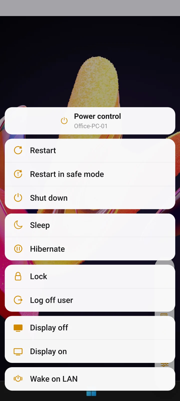 Power Control menu with restart, shut down, lock and Wake-on-LAN commands