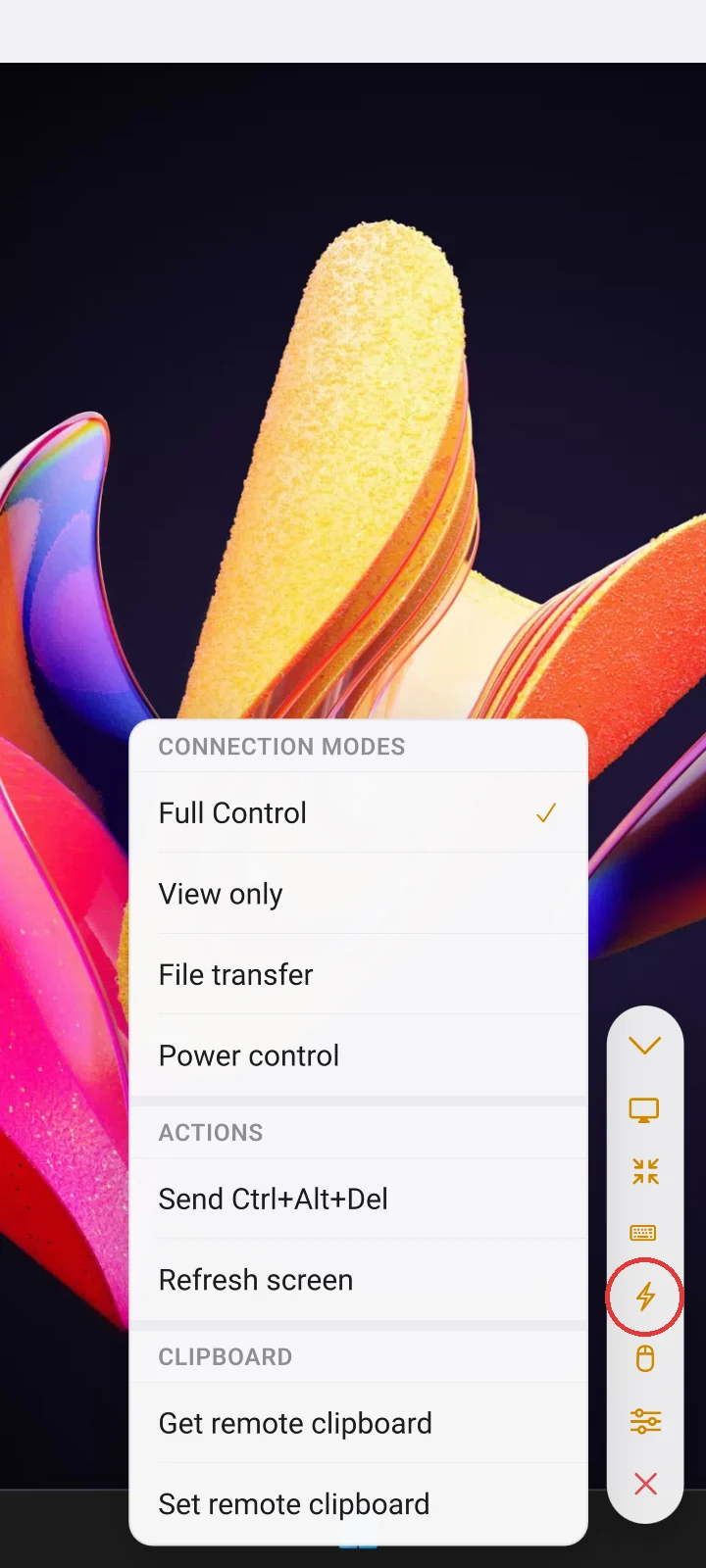 Quick actions menu with connection modes, actions and clipboard commands
