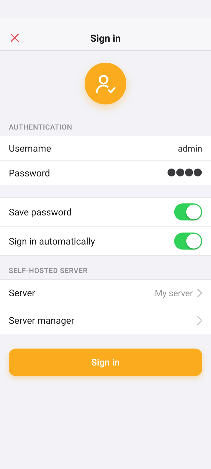 Server sign-in screen with username, password and server selection