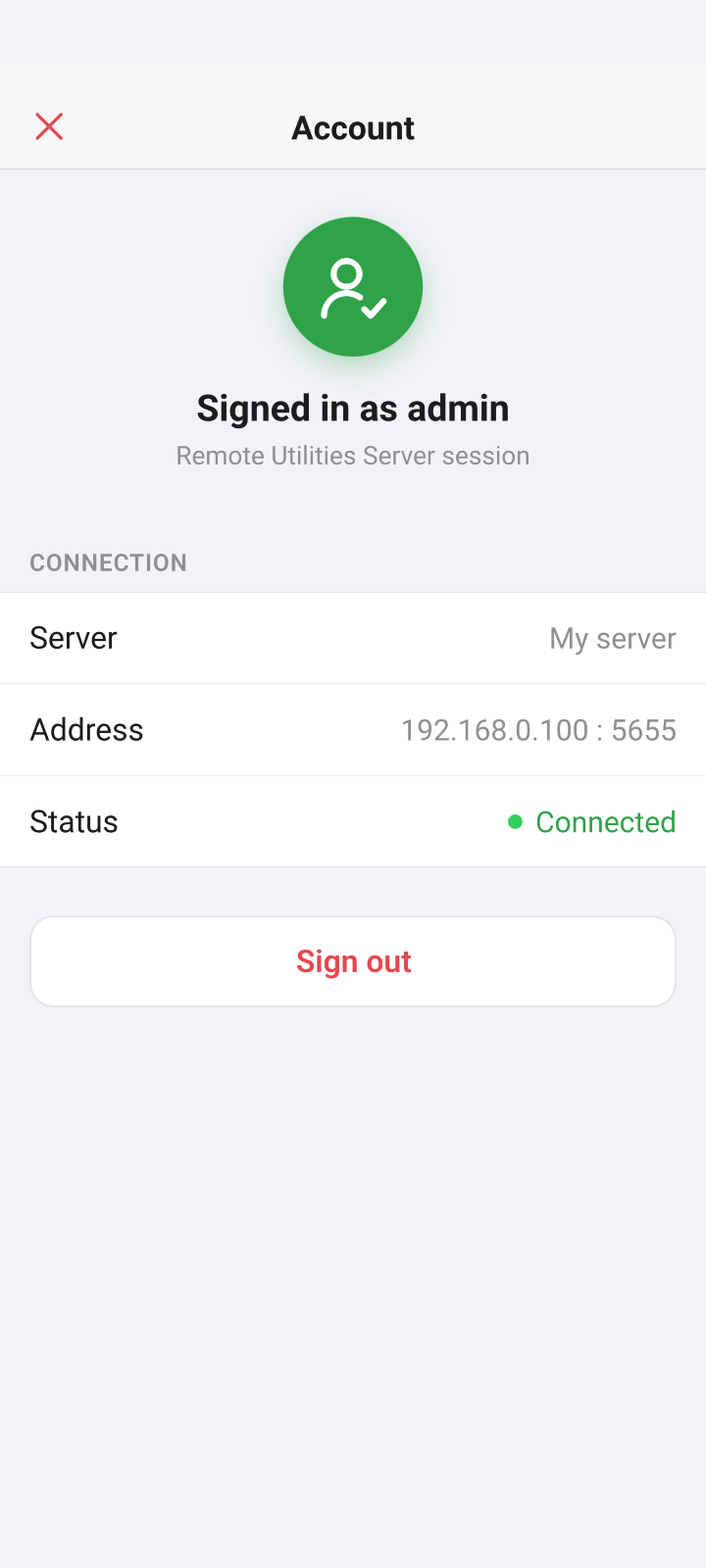Account screen showing a connected self-hosted server session