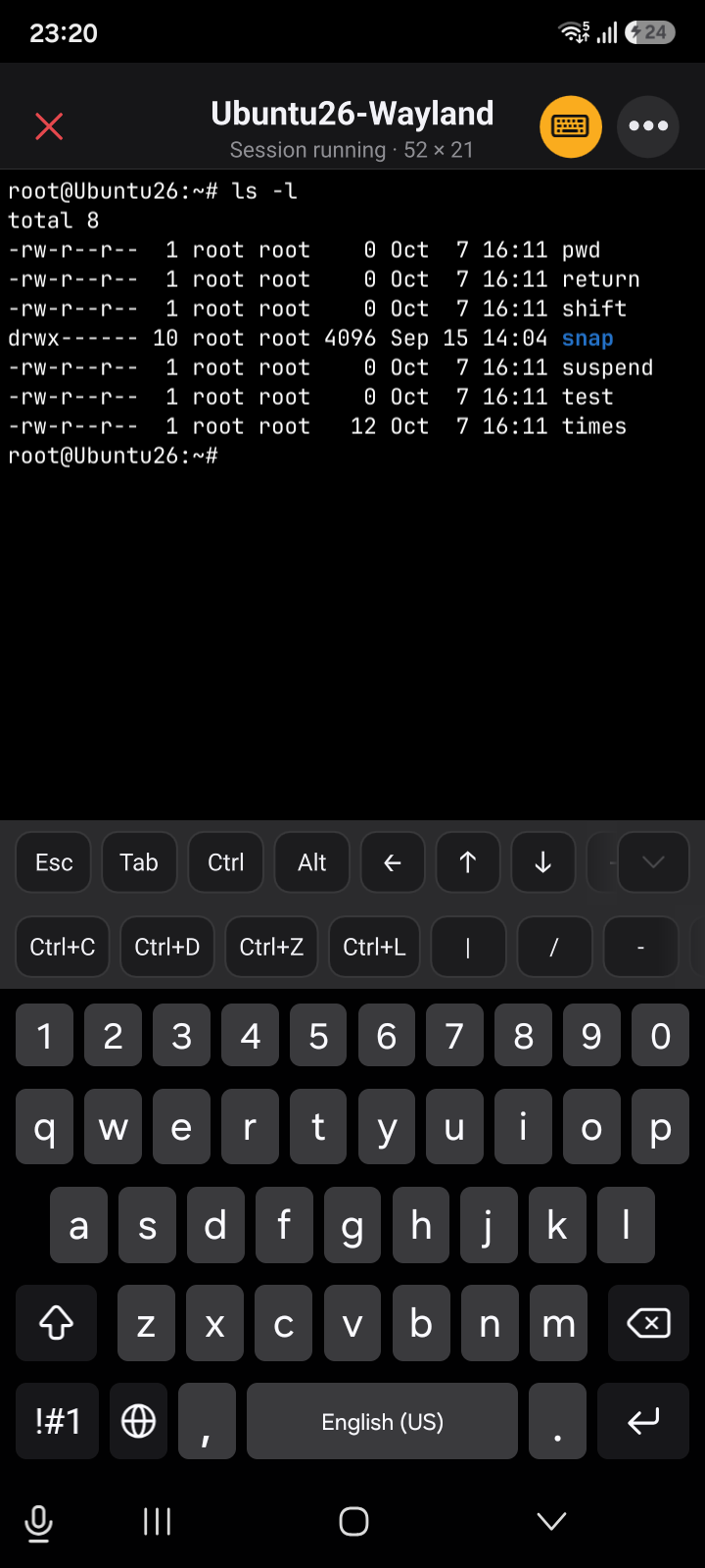 Terminal session on an Ubuntu Host with the key bar above the keyboard