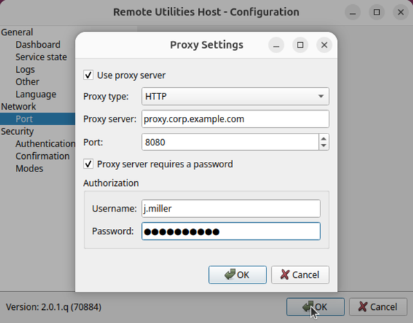 Proxy settings in the Host