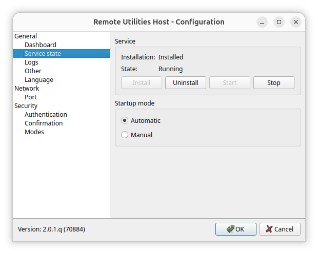 Service state page in Host settings