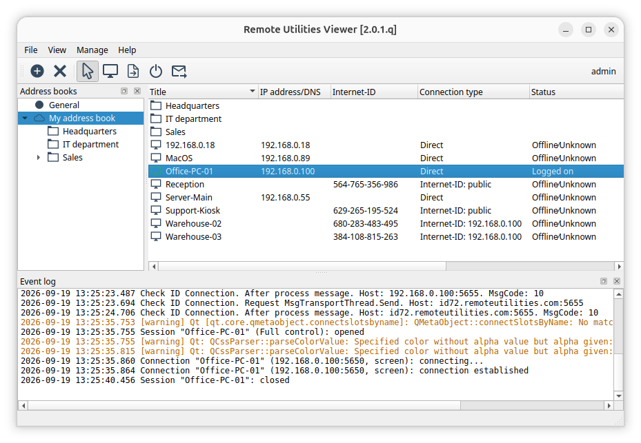 Event log panel in the Viewer