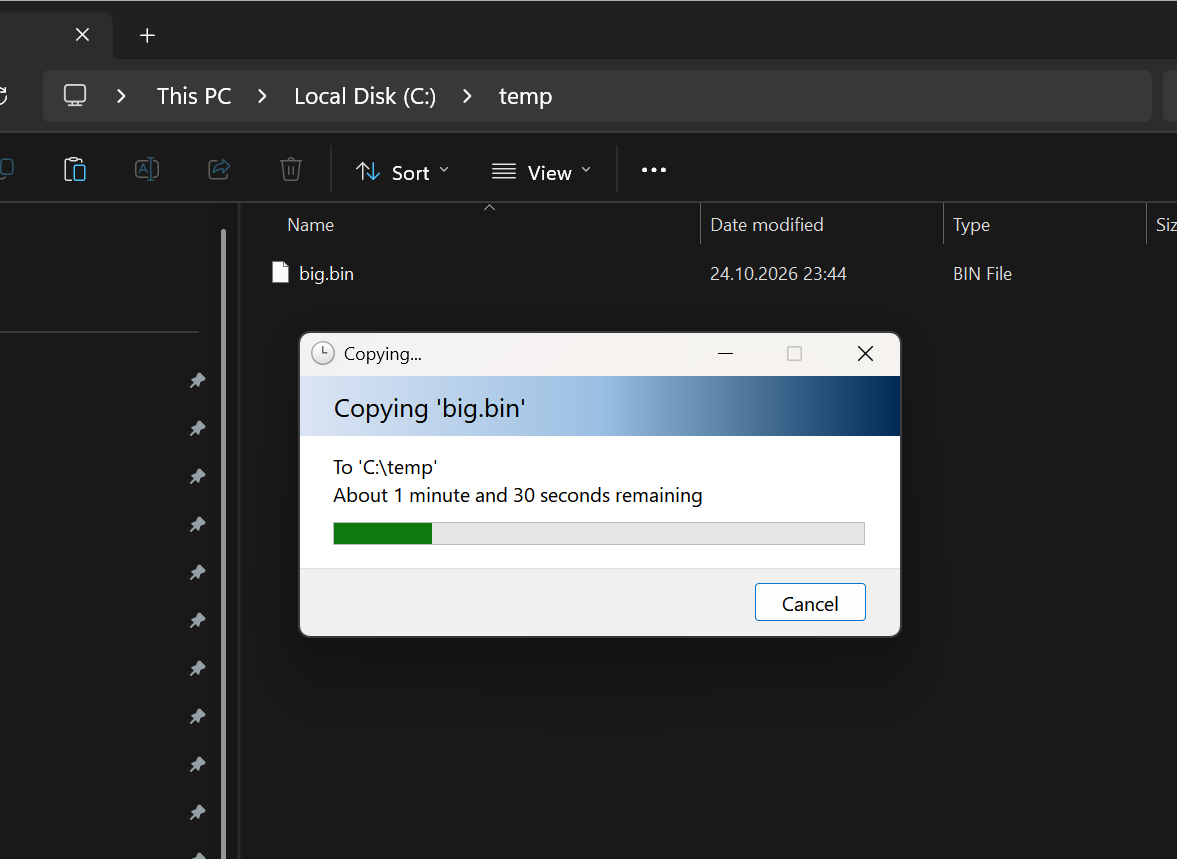 Windows Explorer copying a file pasted from the clipboard, with its usual progress window