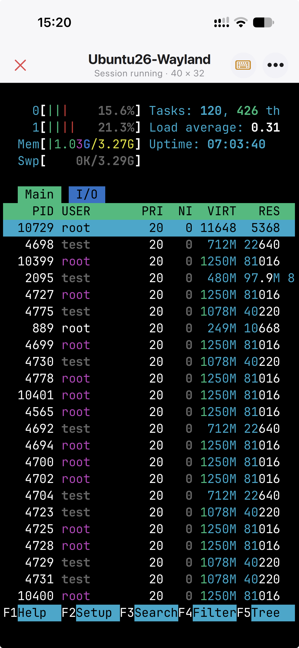 Terminal on an iPhone running htop on an Ubuntu Host