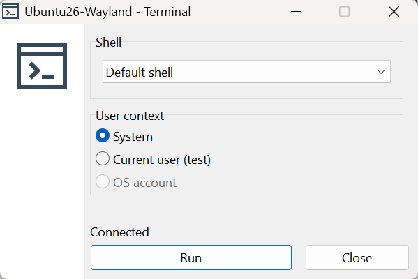 Terminal launcher window with the Shell list and the User context options System, Current user and OS account