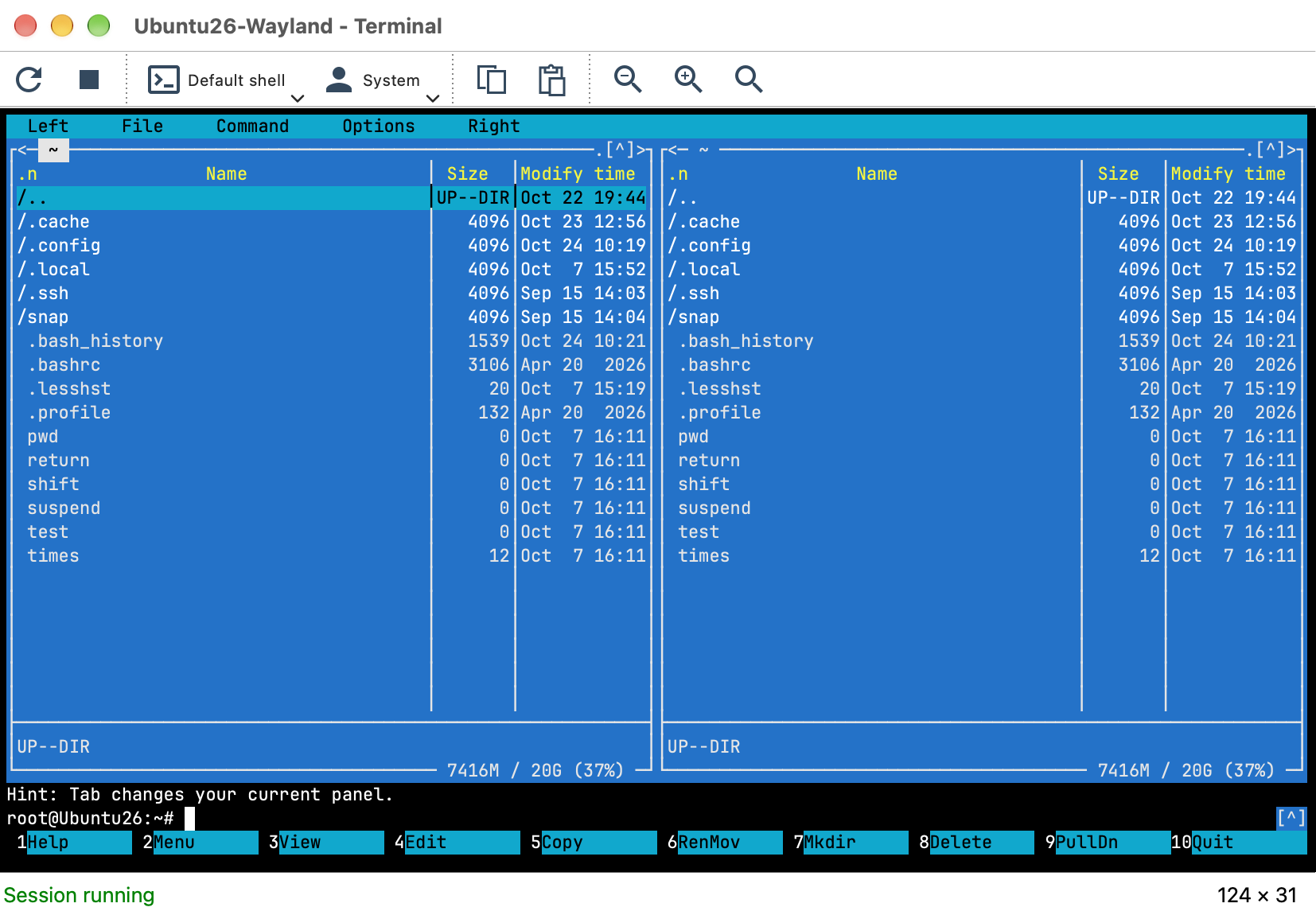 Terminal window of the Viewer for macOS running Midnight Commander on an Ubuntu Host, with the shell and user context selectors on the toolbar