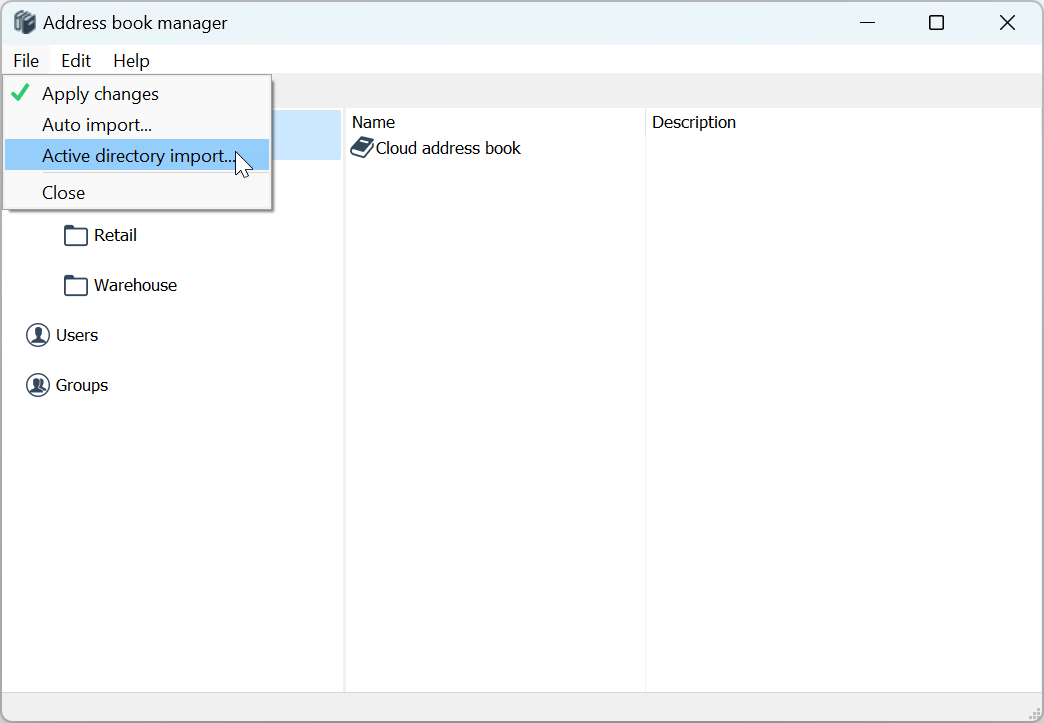 Address book manager - File menu