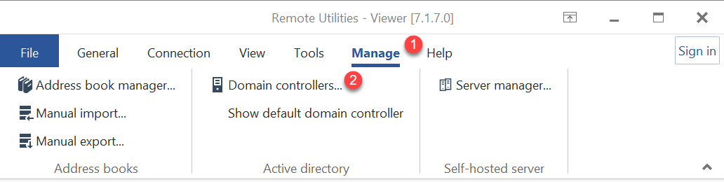 Domain controllers in the Manage tab