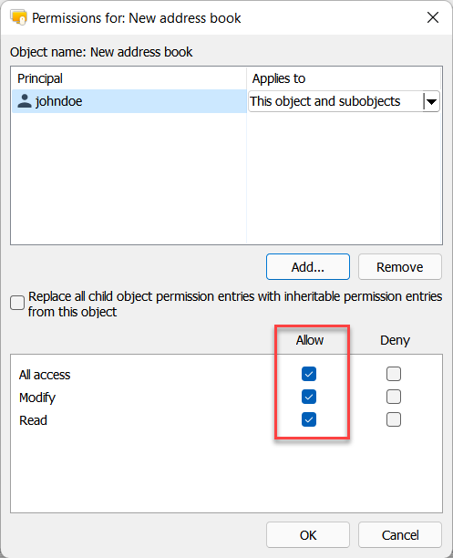 Setting permissions for a user