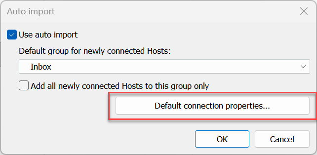 Default connection properties button