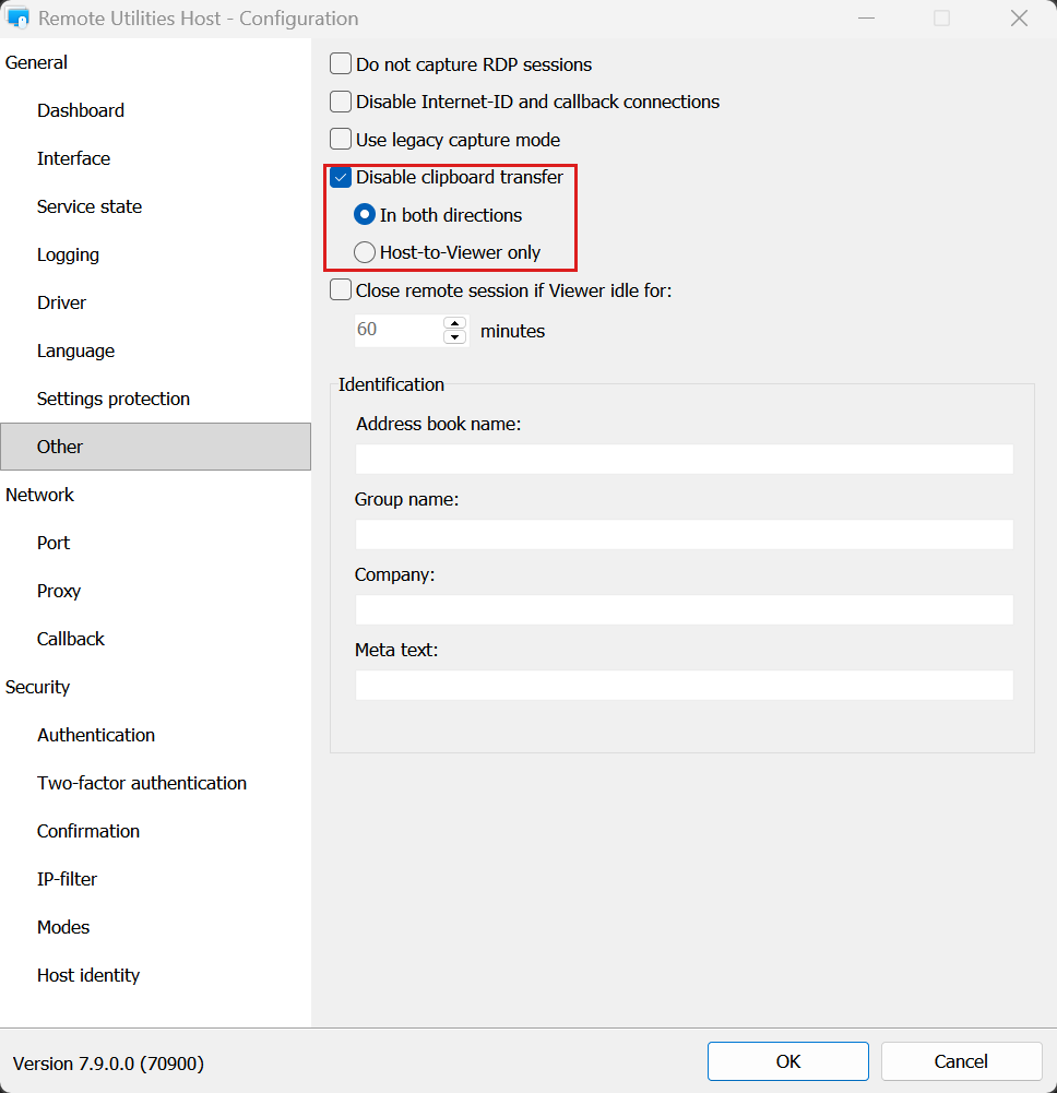 Settings for Host, Other page: Disable clipboard transfer, in both directions or Host-to-Viewer only