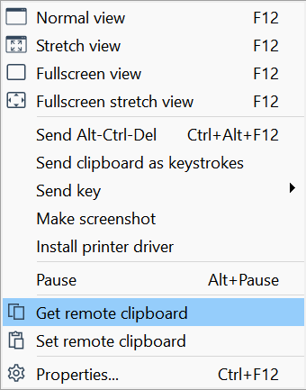 Get remote clipboard and Set remote clipboard commands in the Full Control window menu