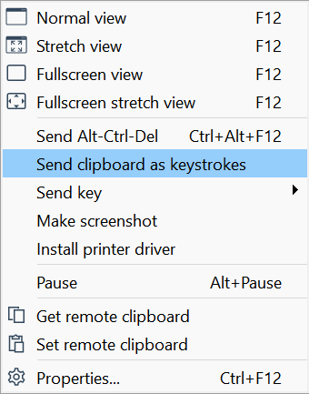 Send clipboard as keystrokes command in the Full Control window menu