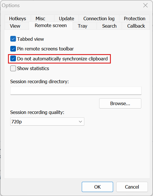 Viewer options, Remote screen tab: Do not automatically synchronize clipboard
