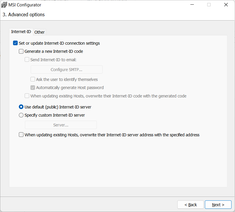 Set or update Internet-ID connection checkbox