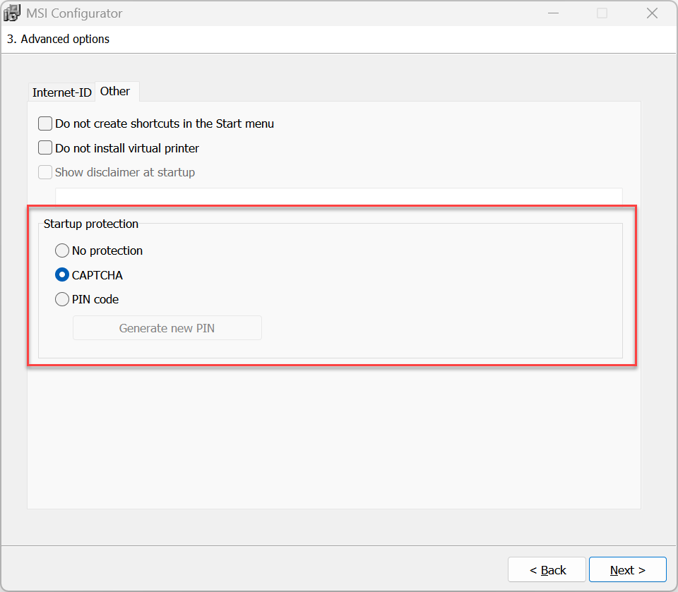The Other tab of the MSI Configurator