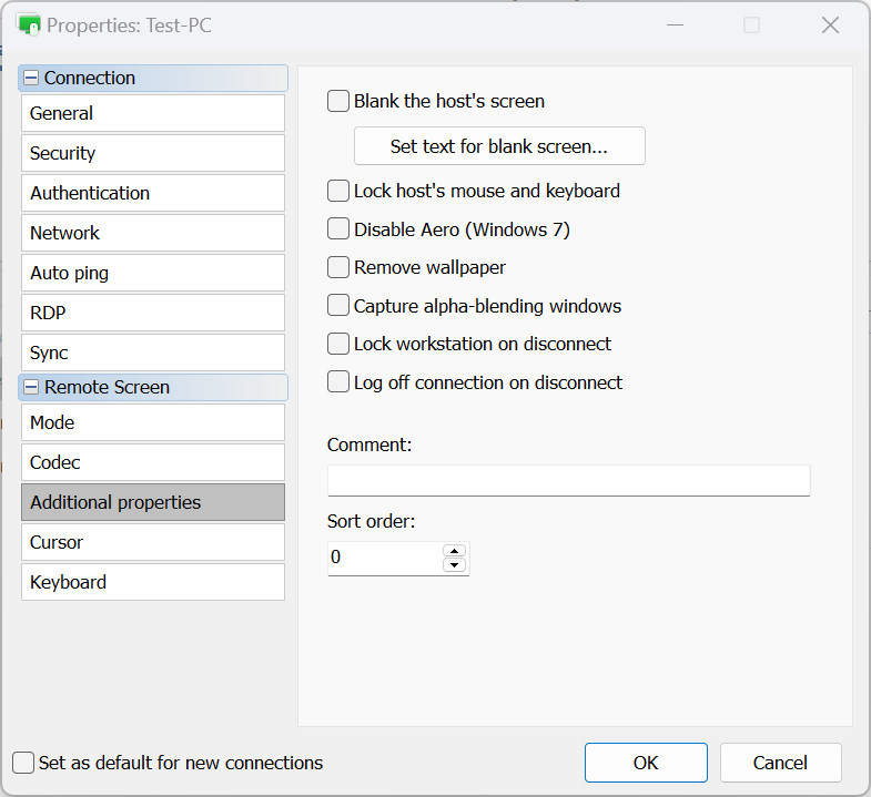 Connection properties - additional