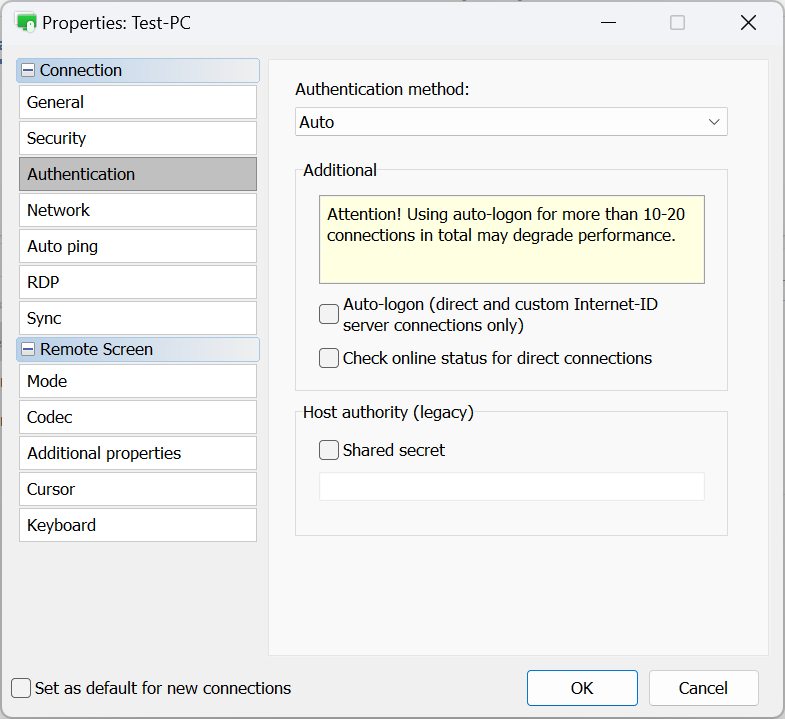 Connection properties - Auth