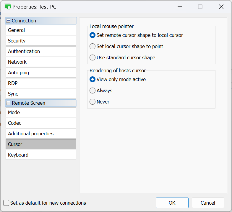 Connection properties - cursor