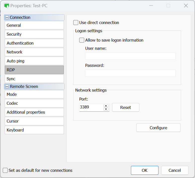 Connection properties - rdp