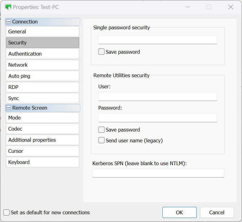 Connection properties - Security