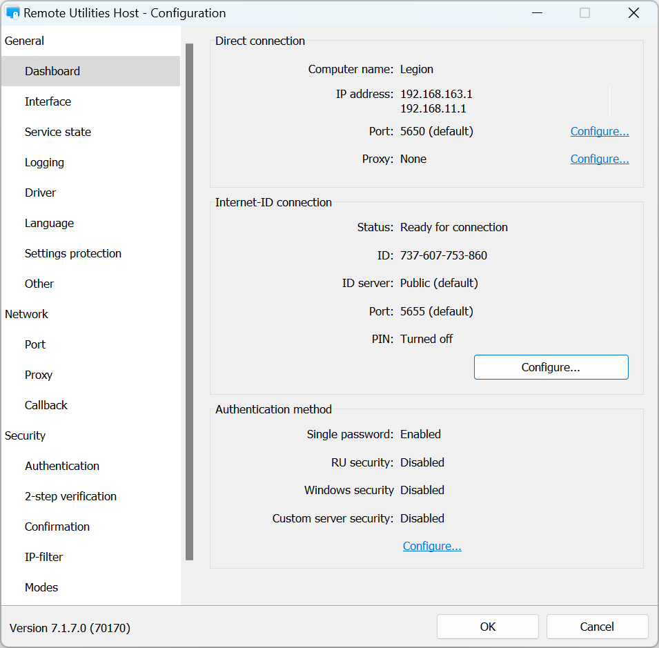 Host settings dashboard