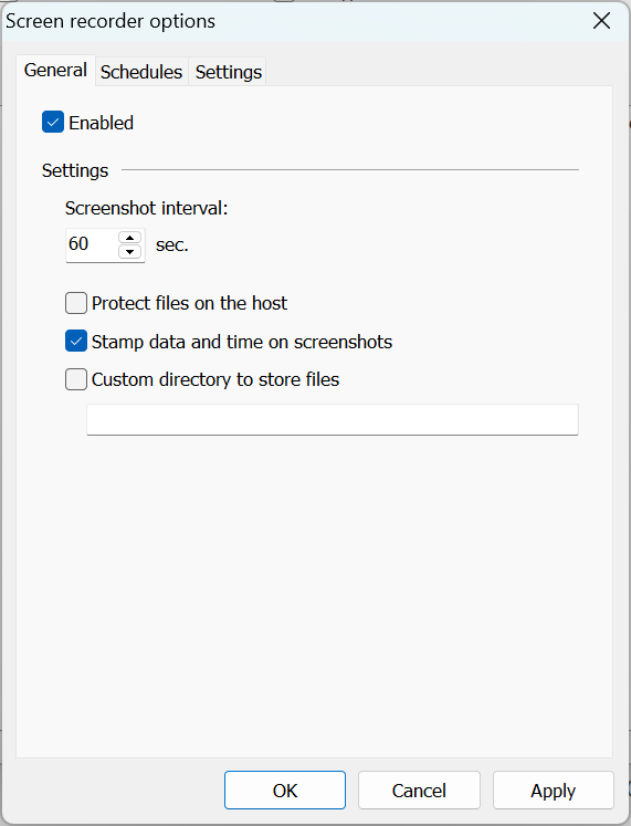 Screen Recorder options, General tab