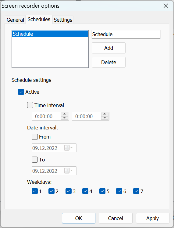 Screen Recorder options, Schedules tab