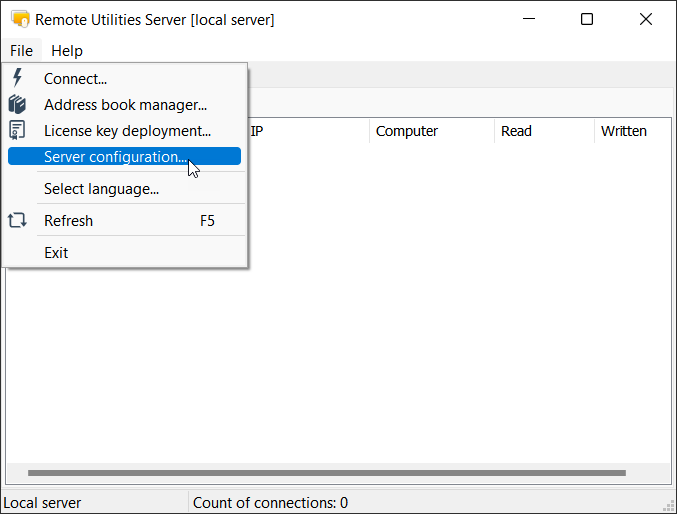 Open server configuration settings