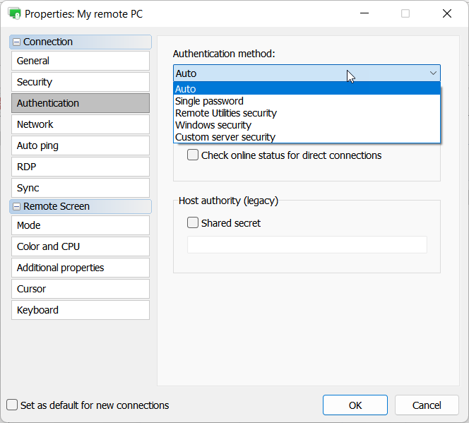 Authentication method in connection properties