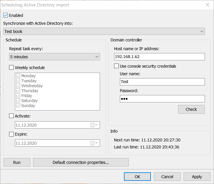 Import from Active Directory dialog window