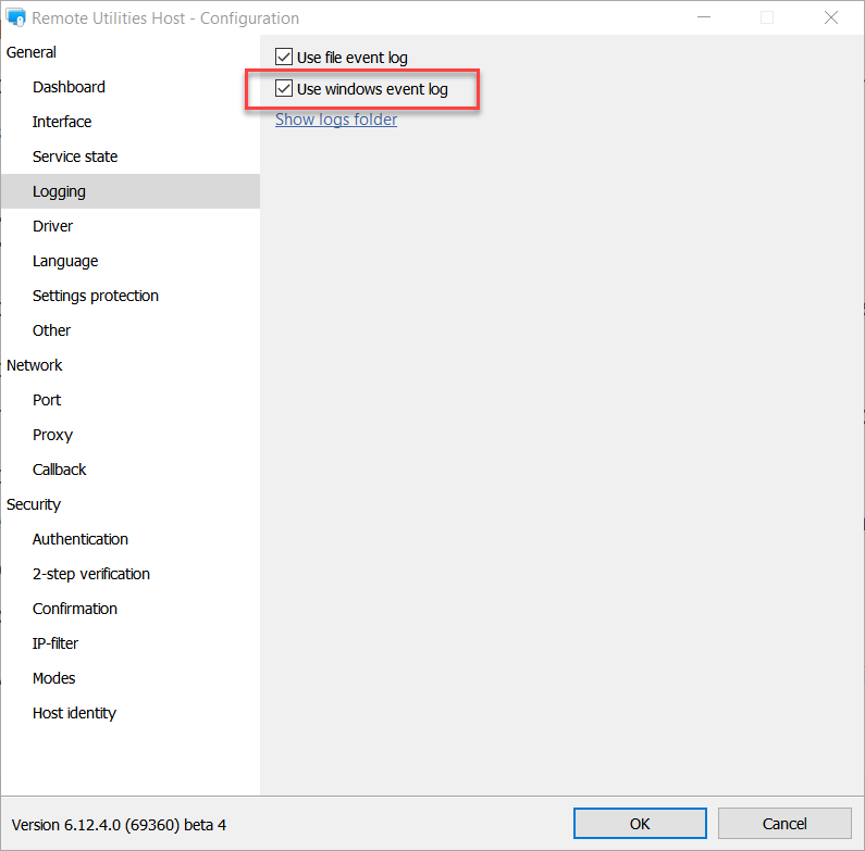 Windows event log option on the Host side