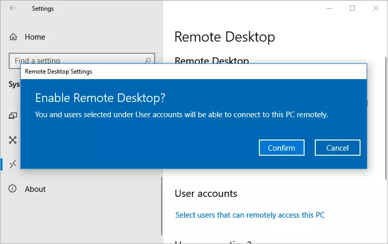 Confirm enable remote desktop