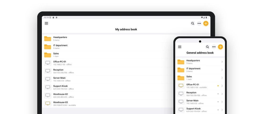 Android タブレットとスマートフォン上の Remote Utilities Viewer