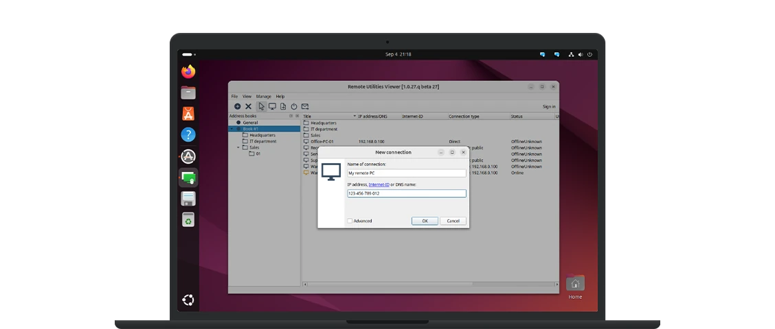 Linux ノートパソコン上の Remote Utilities Viewer