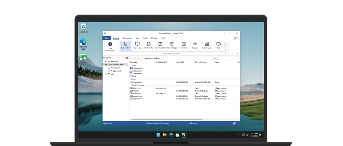 Windows ノートパソコン上の Remote Utilities Viewer